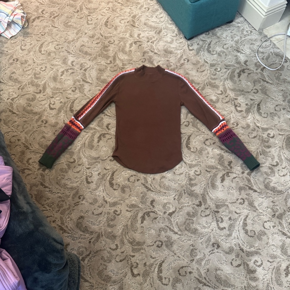 Free people thermal Brown Sweater with Colorful/embrodiered Sleeves